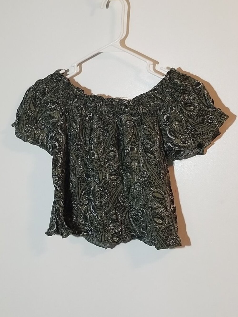 Green Paisley Boho Off Shoulder Crop Top Sz XS